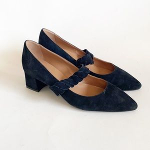 aquatalia black suede block heel pointy toe strap pumps shoes